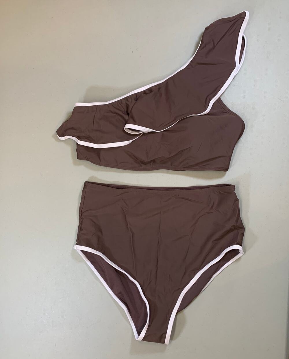 NWT Cupshe Brown & White One Shoulder High Waist Bikini Set  Size Large